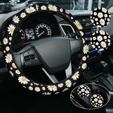 Imagem de Capa de volante Daisy para mulheres e homens, antiderrapante de neoprene de alta elasticidade, acessórios de carro, capas de volante, universal de 38 cm para carros, SUVS, inclui 2 porta-copos de