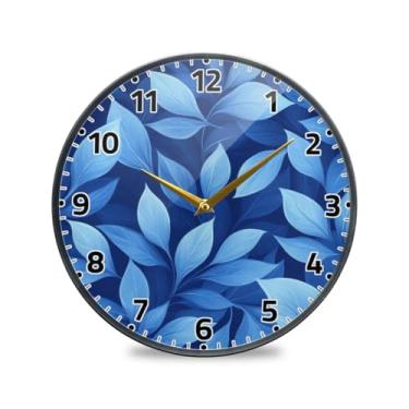 Imagem de WELLDAY Relógio de parede sem tique-taque 30,5 cm - motivo de folha azul operado por bateria relógio redondo silencioso de quartzo para casa/escritório/cozinha/sala de aula