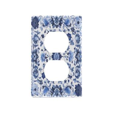 Imagem de Wassud Placa de cobertura para interruptor de luz azul porcelana floral decorativa capa de parede para tomadas elétricas duplex 4,53 x 2,76 polegadas