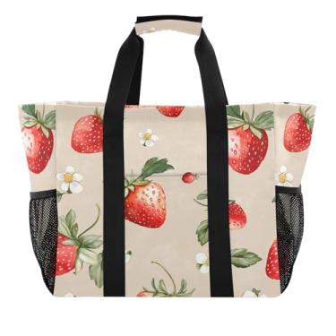 Imagem de Wassud Sacolas de compras reutilizáveis de morangos em aquarela grande bolsa organizadora de lona impermeável para praia, piquenique, lavanderia, viagem