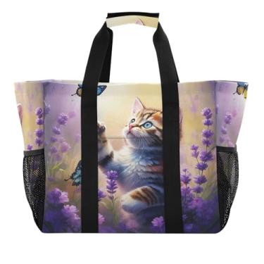 Imagem de Wassud Sacolas de compras reutilizáveis para gatos brincalhões grandes bolsa organizadora de lona impermeável para praia, piquenique, lavanderia, viagem