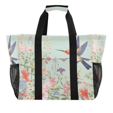 Imagem de Wassud Linda bolsa de compras reutilizável de beija-flor floral grande bolsa de lona impermeável organizador de viagem para praia, piquenique, lavanderia