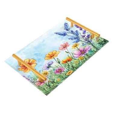 Imagem de Wassud Expansive Wildflower Fields Bandeja de banheiro com alças organizador de perfume de joias de acrílico para banheiro, quarto, cozinha, balcão de 30 x 20 cm