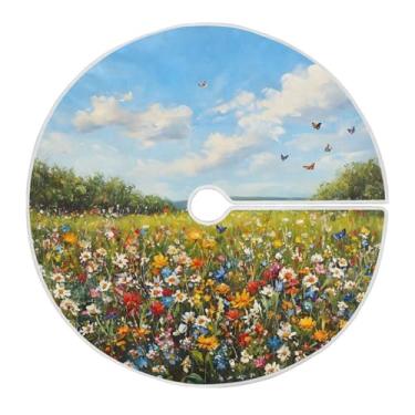 Imagem de Qilmy Saia de árvore de Natal de flores silvestres e borboletas 120 cm, camurça para árvore de Natal, adequada para decoração de armário em ambientes internos e externos, festas, escritórios, lojas