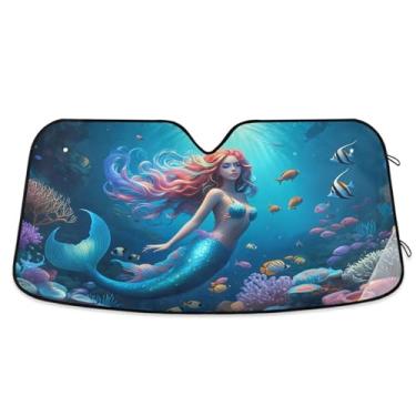 Imagem de STAYTOP Linda sereia para-sol para para-brisas de carro, protetor de viseira dobrável, mantém a frescura, bloqueia raios UV e acessórios para proteger carros, SUVs, caminhões-(P)