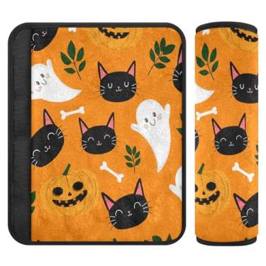 Imagem de Burbuja Capa para cinto de segurança de carro Cat Faces Boo Pumpkins Protetor de cinto de segurança de carro macio confortável para alça de ombro de assento, 1 par pequeno