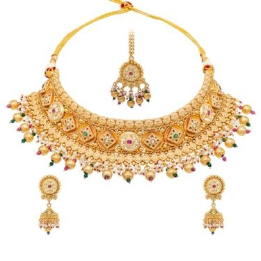 Imagem de Bodha Kundan tradicional indiano banhado a ouro, zircônia cúbica, gargantilha cravejada de casamento, colar Dori nupcial com brinco combinando conjunto de joias para mulheres - marrom, verde (SJN_269)