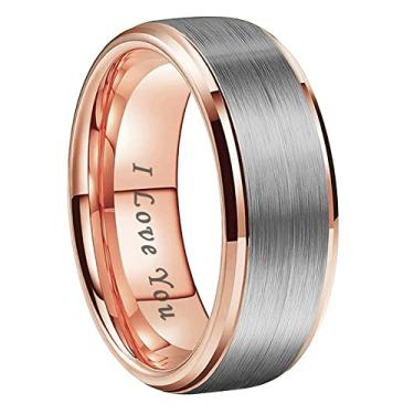 Imagem de TUTISS Anéis de tungstênio de 6 mm de 8 mm para homens e mulheres, alianças de noivado, casamento, bordas chanfradas escalonadas, gravadas I Love You, ajuste confortável, Metal não precioso, Sem pedra preciosa