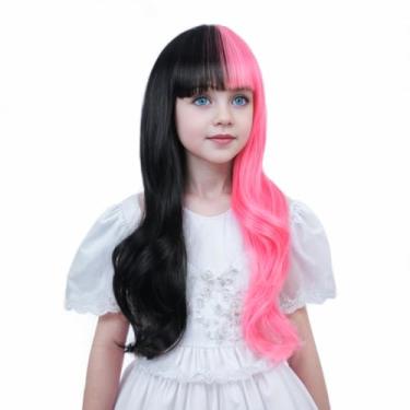 Imagem de Ufindcos Peruca rosa e preta para crianças, meninas, peruca de dois tons, longa, ondulada, encaracolada, sintética com franja