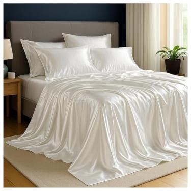 Imagem de Jogo de Cama Cetim Charmousse Casal Queen King Brilhante 4 Peças Toque Macio Sedosso(Branco,King)