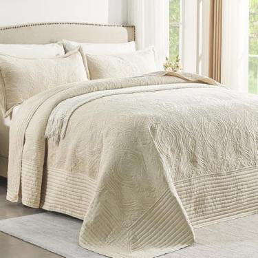 Imagem de ENJOHOS Colchas King extragrandes 128 x 120, colcha California King, bege, 3 peças, microfibra macia, leve, extra larga, conjunto de edredom com estampa vintage boho de verão