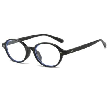 Imagem de Óculos femininos com lentes transparentes e proteção contra luz azul, armação redonda de plástico com detalhes de rebites (preto).