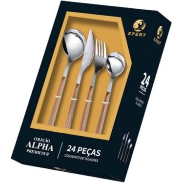 Imagem de Conjunto de Talheres 24 Peças em Aço Inoxidável com Cabo Tipo Madeira, Inclui, Facas para Churrasco e Colheres, Design Moderno e Ergonômico