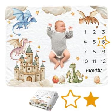 Imagem de Cobertor mensal dragão bebê para meninos, cobertor de mês recém-nascido castelo, adereço de fundo de fotografia de flanela macia, presente de chuveiro personalizado, dragão