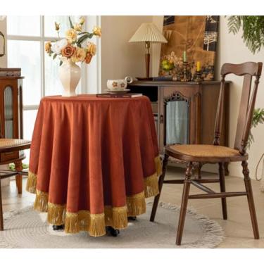 Imagem de F-CHU Toalha de mesa laranja queimada grossa de veludo com lindas borlas douradas vintage toalha de mesa para decoração de casa, casamento, festa, banquete e eventos, redonda de 178 cm
