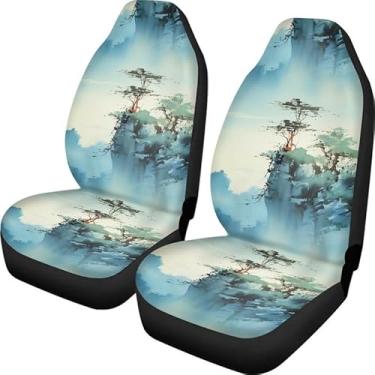 Imagem de Uskorhein Pintura de paisagem chinesa desenho à mão 2 peças capas de assento de carro conjunto completo tinta lavagem pintura concha frontal capas de assento para mulheres conjunto completo de