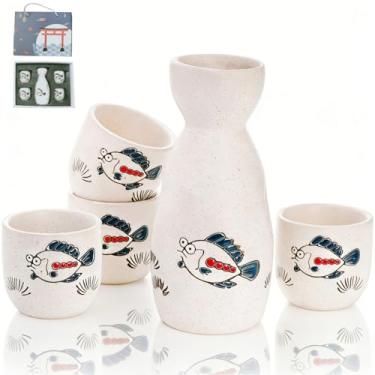 Imagem de Cididu Conjunto de saquê japonês, pacote com 5 conjuntos de saquê de cerâmica inclui garrafa Tokkuri e 4 peças de copos de saquê de porcelana, conjunto de xícara de saquê tradicional para saquê quente