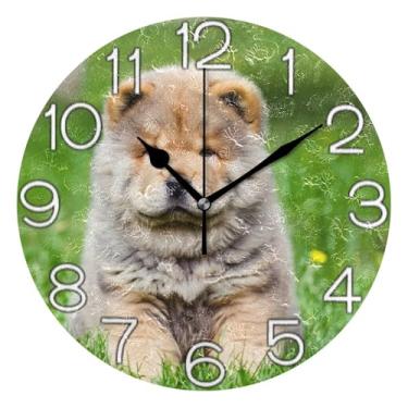 Imagem de Relógio de parede analógico decorativo operado por bateria silencioso relógio de cozinha fofo, decoração de parede art déco retrô moderno, Chow Puppy Dog Grass, 25 cm, ponteiros dourados