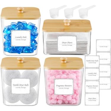 Imagem de Cptoion Recipiente de armazenamento de cápsulas de lavanderia, recipientes transparentes com tampa e etiquetas de madeira, organizador de detergente em pó para cápsulas, folhas de secador, contas de