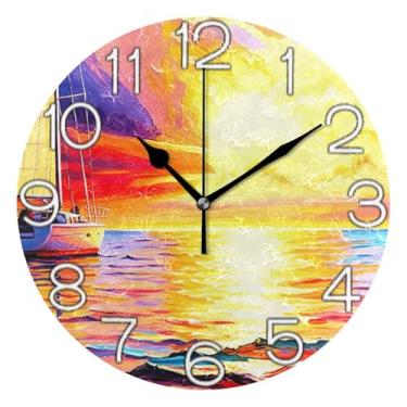 Imagem de Relógio de parede analógico decorativo relógio de cozinha bonito operado a bateria, decoração de parede de meados do século sala de estar, pôr do sol do mar de veleiro brilhante, 25 cm, ponteiros