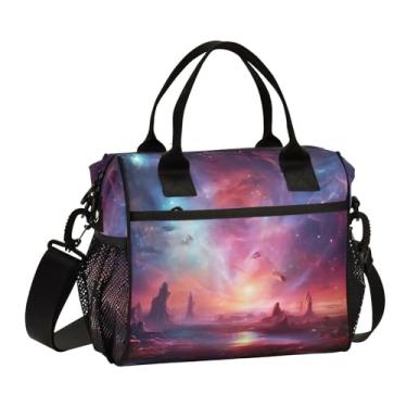 Imagem de GAIGEO Cosmic Sky com várias estrelas e nebulosas lancheira com bolsos laterais, lancheira feminina isolada, lancheira de escritório, P