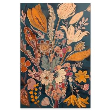 Imagem de Haitunone Arte de parede botânica de flores boho vintage abstrato floral pôster retrô natureza flor planta pintura impressões em tela para sala de estar galeria decoração de parede 40,6 x 61 cm sem