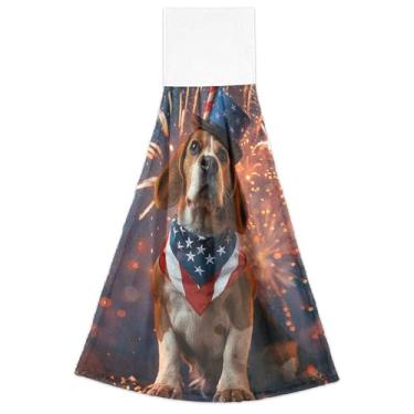 Imagem de Beagle Dog Toalhas de mão com bandeira americana primavera com laços para pendurar conjunto de 2 toalhas de banheiro ultra absorventes, toalha de mão de cozinha fofa 18,2 x 14 polegadas
