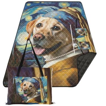 Imagem de TSENQUE Cute Dog Starry Night Cute Picnic Essentials Cobertor de praia dobrável sem areia impermeável grande tapete de brincar ao ar livre para grama 299,7 cm x 203,2 cm