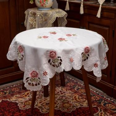 Imagem de Wuluwala Toalha de mesa pequena quadrada floral rústica de 81 cm com borlas bordadas à mão capa de mesa lateral de tecido acetinado lavável para decoração de mesa de festa na cozinha
