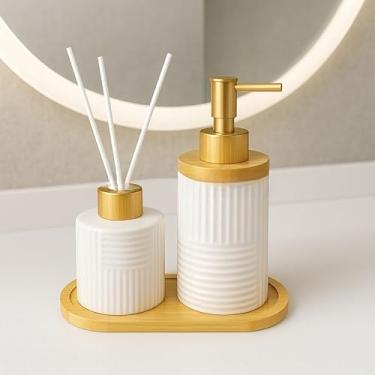 Imagem de Kit Banheiro Lavabo em Cerâmica com Dispenser para Sabonete Líquido e Porta Escova de Dente Decorativo(BRANCO ABSTRATO)