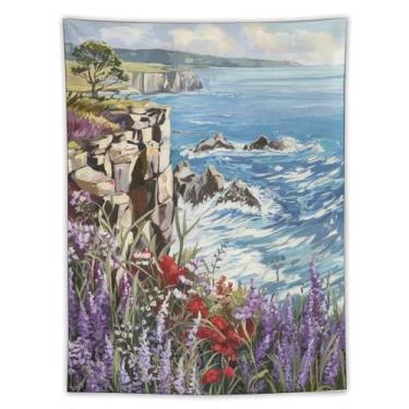 Imagem de Tapeçaria Cliffside de flores silvestres costeiras caindo ondas do mar árvore solitária vibrante paisagem litorânea arte natureza cênica decoração de parede para sala de estar quarto casa espaço ao ar