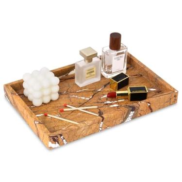 Imagem de Bandeja de mármore para banheiro, bandeja de mesa de banheiro de luxo natural, para cozinha, banheiro, bandejas decorativas de pedra para chave, café, perfume, joias, maquiagem (marrom floresta, 30 x