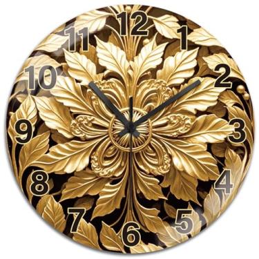Imagem de peacoblue Relógios de parede, operados por bateria, folhas abstratas, douradas, 30 cm, vidro redondo, relógio de parede, sem tique-taque, para cozinha, sala de jantar, quarto e banheiro, acessórios de