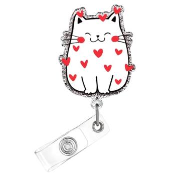 Imagem de Carretel de crachá de dia dos namorados, crachá de acrílico de gato fofo para crachá de identificação, suporte de crachá retrátil telescópico engraçado, acessórios de clipe de jacaré com desenhos de
