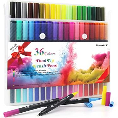 Imagem de ai-natebok Canetas marcadoras duplas, canetas para colorir, 36 cores 0,4 canetas marcadoras de ponta fina e caneta pincel para livros de colorir para adultos bullet journal anotações, escrita, planejamento de arte