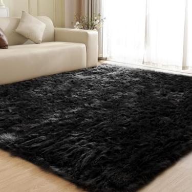 Imagem de ORINOVA Tapetes pretos para sala de estar 20 x 25 cm tapetes para quarto tapete lavável pele de carneiro sintética tapete de pele felpuda grande boho tapete de berçário