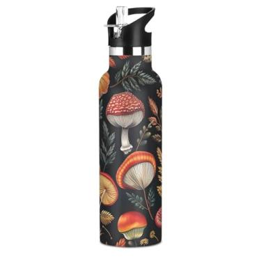 Imagem de Joisal Garrafas de água isoladas de aço inoxidável de 590 ml com tampa de canudo para bebidas frias ou quentes, cogumelo vintage preto parede dupla a vácuo livre de BPA copos de viagem para meninos e