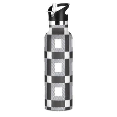 Imagem de Joisal Garrafas de água de aço inoxidável isoladas de 590 ml com tampa de canudo para bebidas frias ou quentes, clássico preto e branco, xadrez, buffalo, à prova de vazamento, parede dupla, copos