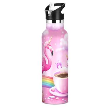 Imagem de Joisal Garrafas de água isoladas de aço inoxidável de 590 ml com tampa de canudo fofo rosa fantasia flamingo unicórnio garrafa de água para meninos meninas copos de viagem para crianças parede dupla