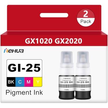 Imagem de hehua Pigment GI-25 Garrafas de refil de tinta preta GI25 (2 pretas, 140 ml) Substituição para Canon 25 refil de tinta GI-25 GI25 GI-25BK use com impressora Canon MAXIFY GX2020 GX1020 MegaTank (pacote
