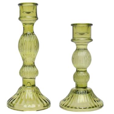 Imagem de Boston International Suporte de castiçal cônico de vidro, decorações de mesa, conjunto de 2, verde-oliva