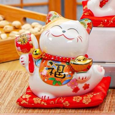 Imagem de FENNYYAR Lindo enfeite de porcelana branca de gato da sorte chinês, 11 cm, estátua de gato riqueza Feng Shui