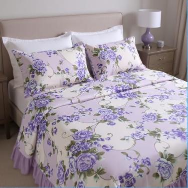 Imagem de Colcha Queen Kit 3 Peças Cobreleito Vermelho Antialérgico Algodão Percal - Conforto e Sofisticação para Seu Quarto (Floral Lilás)