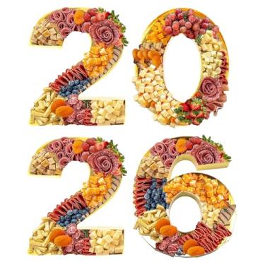 Imagem de Bandeja com números de charcutaria de ano novo 2026, recipiente preenchível de papelão de 30,5 cm, decoração de festa, suporte de petisco de formatura (dourado, 30,5 cm)