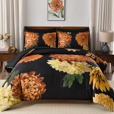 Imagem de DJY Conjunto de edredom king, 7 peças, preto, floral, elegante, com estampa de flores, em uma bolsa, conjunto completo de microfibra macia para todas as estações