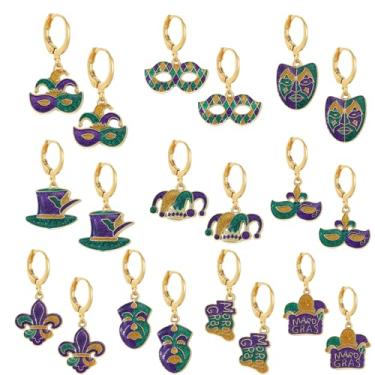 Imagem de DEYOUM 10 pares de brincos de argola de carnaval para mulheres, liga delicada, purpurina, verde, amarelo, máscara, chapéu de coroa, esmalte, carnaval, desfile, brincos, cosplay, joias, acessórios para