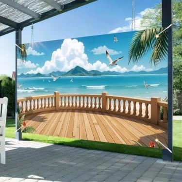 Imagem de MHLSWY Pano de fundo para fotografia de praia tropical de 188 x 109 cm, verão, Havaí, oceano, litoral, nuvem, céu azul, gaivota, palmeira, foto de fundo, faixa de festa, tema de férias, decoração ao