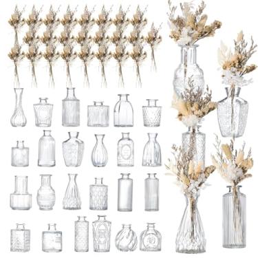 Imagem de Yerliker Conjunto de 24 vasos de vidro com buquê de flores secas de 24 peças, vaso de vidro pequeno, vasos de botão transparente a granel e buquê de flores secas Boho para centros de mesa, decoração