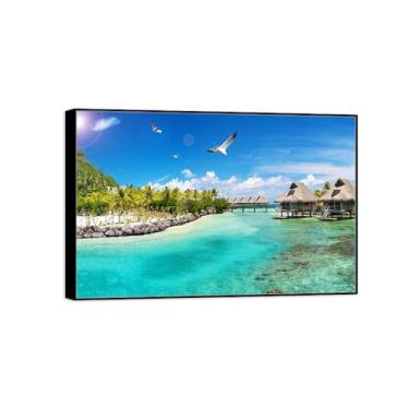 Imagem de Quadro preto arte de parede paisagem impressões em tela - palmeira pássaros marinhos - pintura de decoração - imagens para quarto 50 x 75 cm 20 x 30 pol