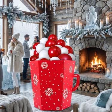 Imagem de Gejoy Caneca de cacau quente 3D de Natal e inverno de 71 cm com recorte de papelão vermelho e branco em pé com balões caneca grande de cacau quente, adereços para fotos, colírios, decorações para